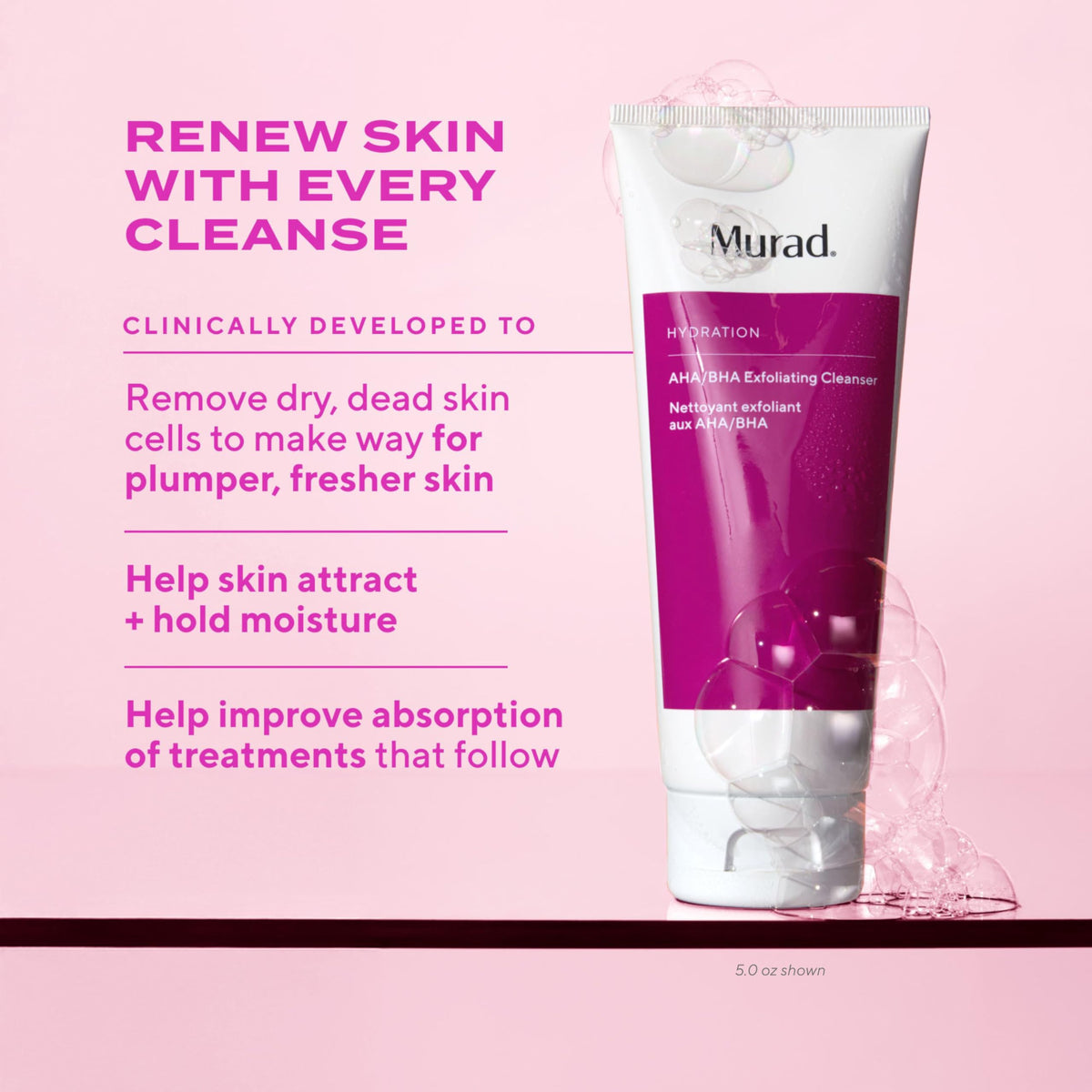 Murad AHA/BHA Exfoliating Cleanser bottle side highlights premium formula.