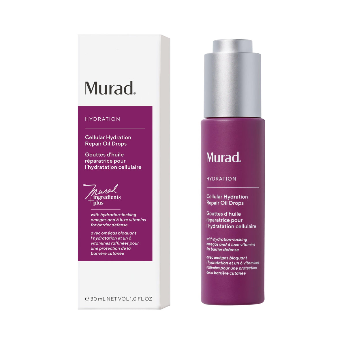 Murad Cellular Hydration Repair Oil bottle highlights premium hydration for daily care.
