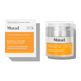 Murad Essential-C Overnight Barrier Repair Cream bottle shows antioxidant night care for skin resilience.