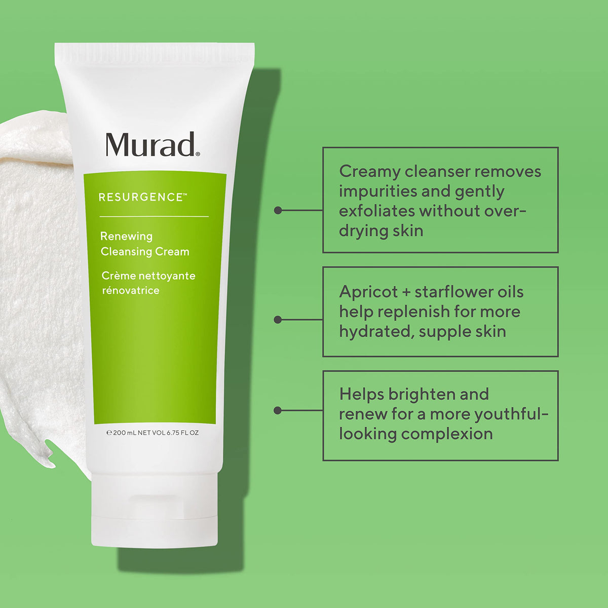 Cream-to-lather texture preview shows luxurious cleansing experience from Murad.