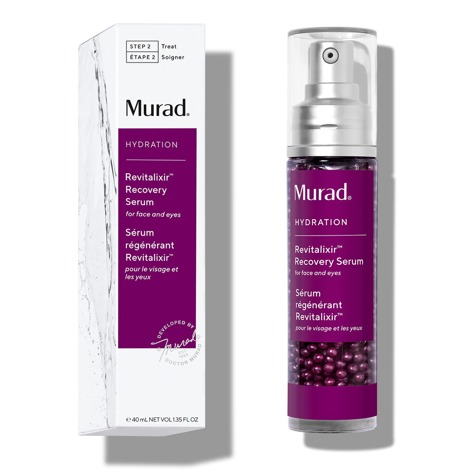Murad Revitalixir Recovery Serum bottle with pump for convenient daily facial and eye use, reducing puffiness.