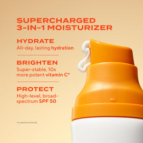 Murad Superactive Brightening Moisturizer SPF 50 travel bottle closeup shows sheer, fast-absorbing protection.