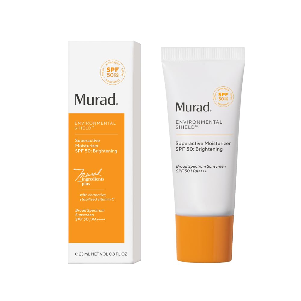 Murad Superactive Brightening Moisturizer SPF 50 travel packaging for portable protection and hydration.