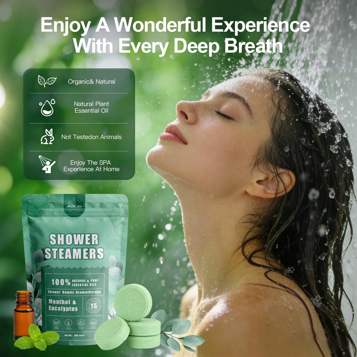Steamers dissolving in shower releasing menthol-eucalyptus aroma.