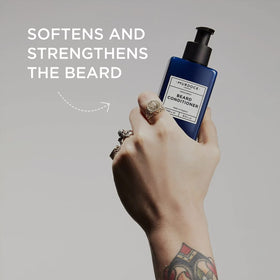 Close-up of the label on Murdock London beard conditioner highlighting free-from chemicals