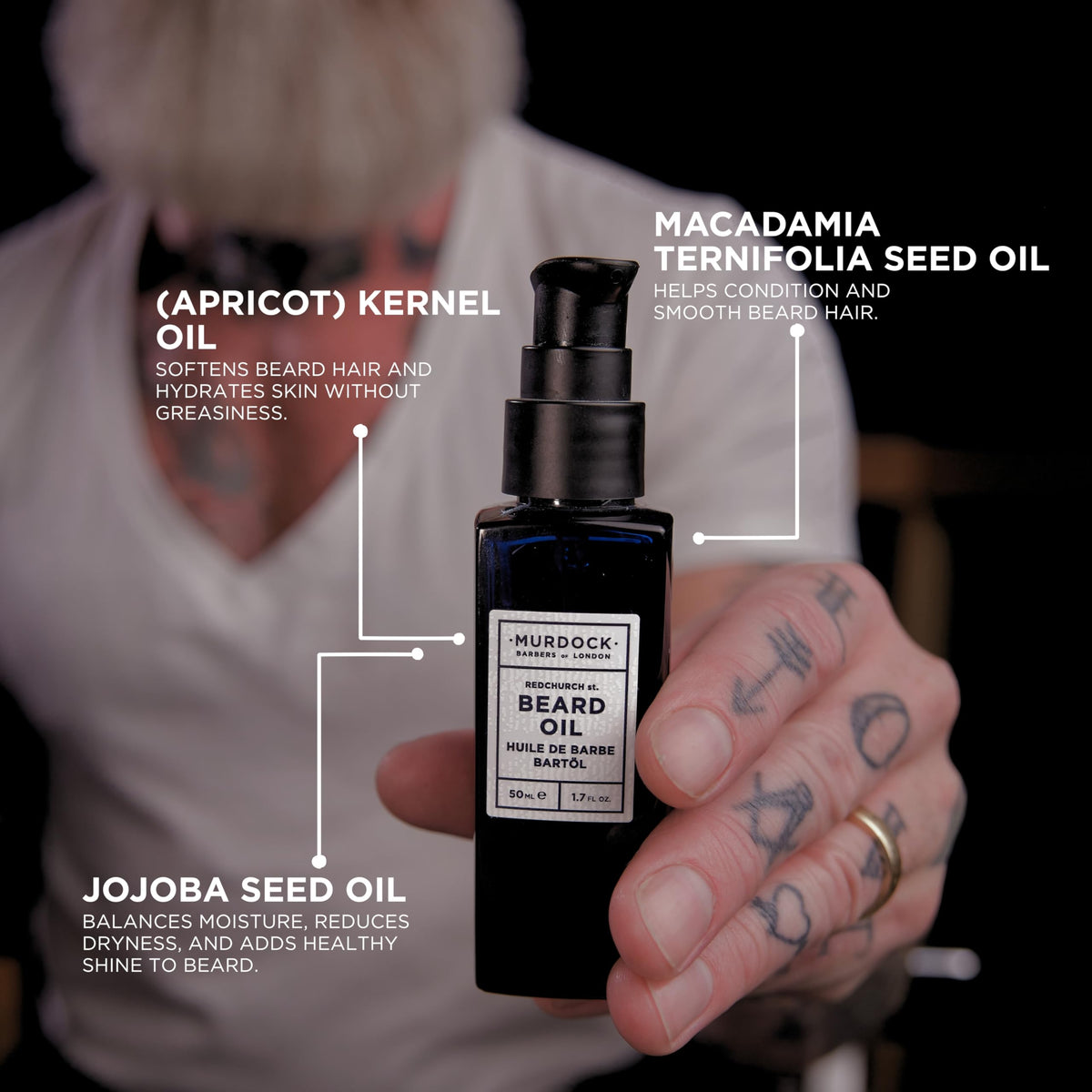 Close-up of clean-label beard oil conditioning without harsh additives.