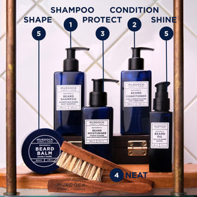 Evening grooming moment applying Murdock London beard oil for absorption.