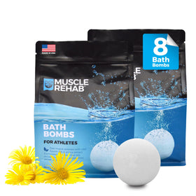 Muscle Rehab bath bomb with arnica-eucalyptus blend for post-workout relief.