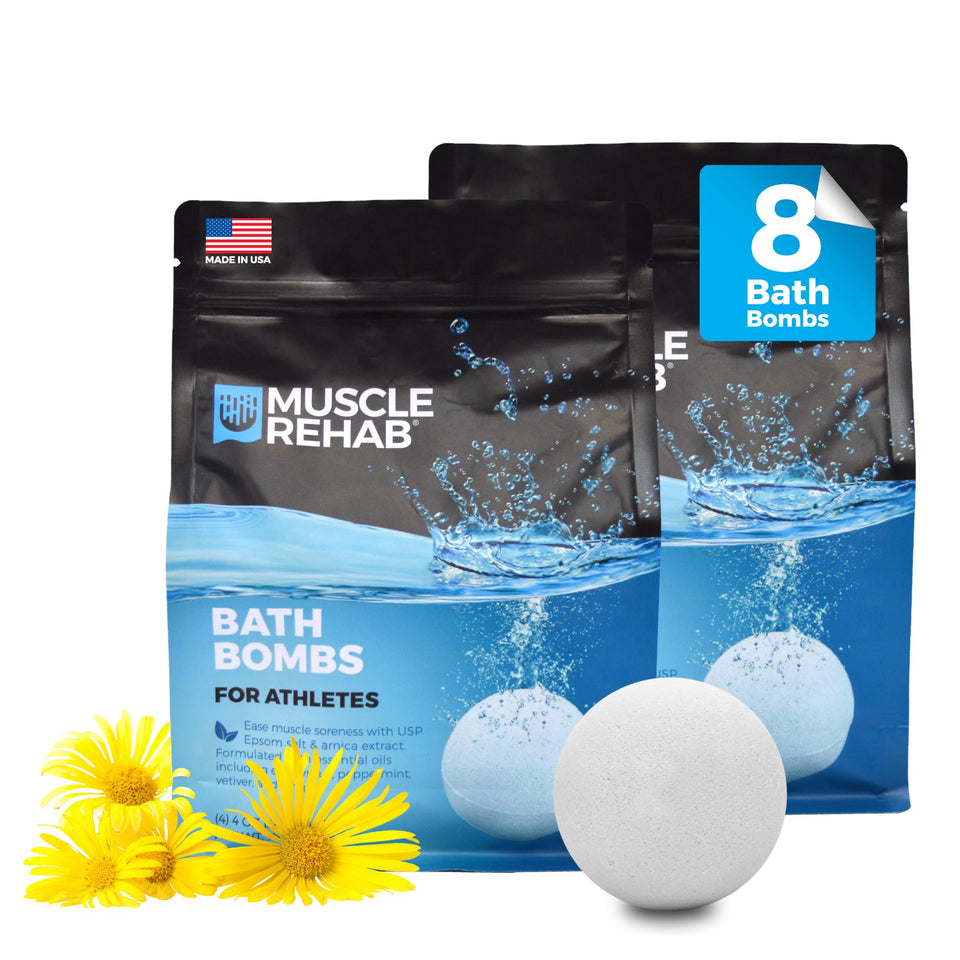 Muscle Rehab bath bomb with arnica-eucalyptus blend for post-workout relief.