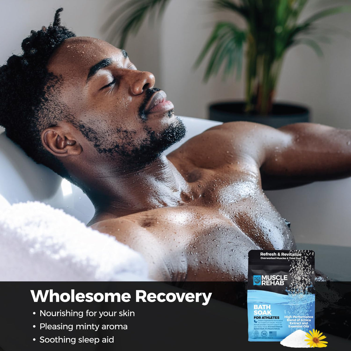 Arnica flower extract visible in Muscle Rehab soak formulation.