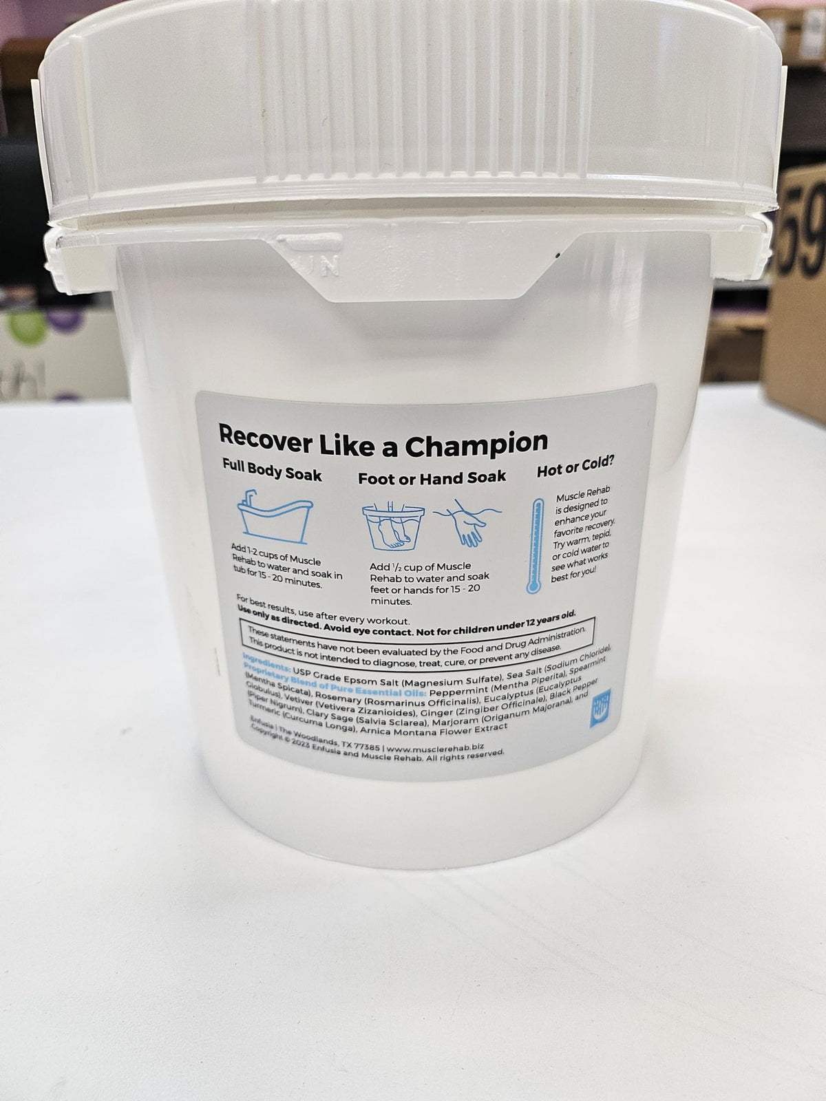 Foot basin with Muscle Rehab soak for targeted leg recovery.