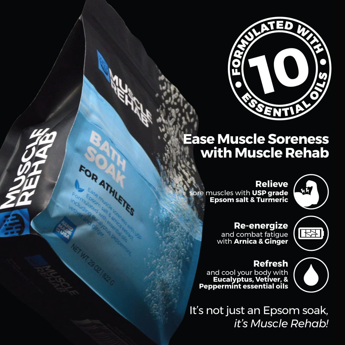Muscle Rehab Epsom Salt Bath Soak Arnica close-up highlighting soothing Arnica extract.