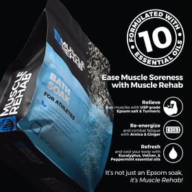 Muscle Rehab Epsom Salt Bath Soak Arnica close-up highlighting soothing Arnica extract.