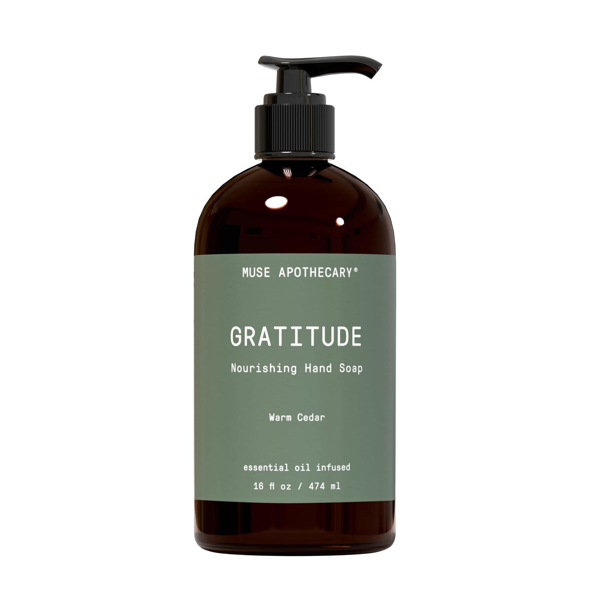 Muse Apothecary Hand Ritual bottle with rich foamy lather for daily cleansing.
