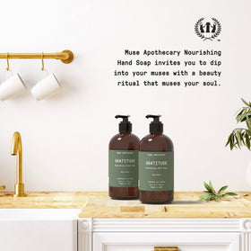 Vanilla and alpine cedar ambiance accompany cleansing with Muse Apothecary Hand Ritual.