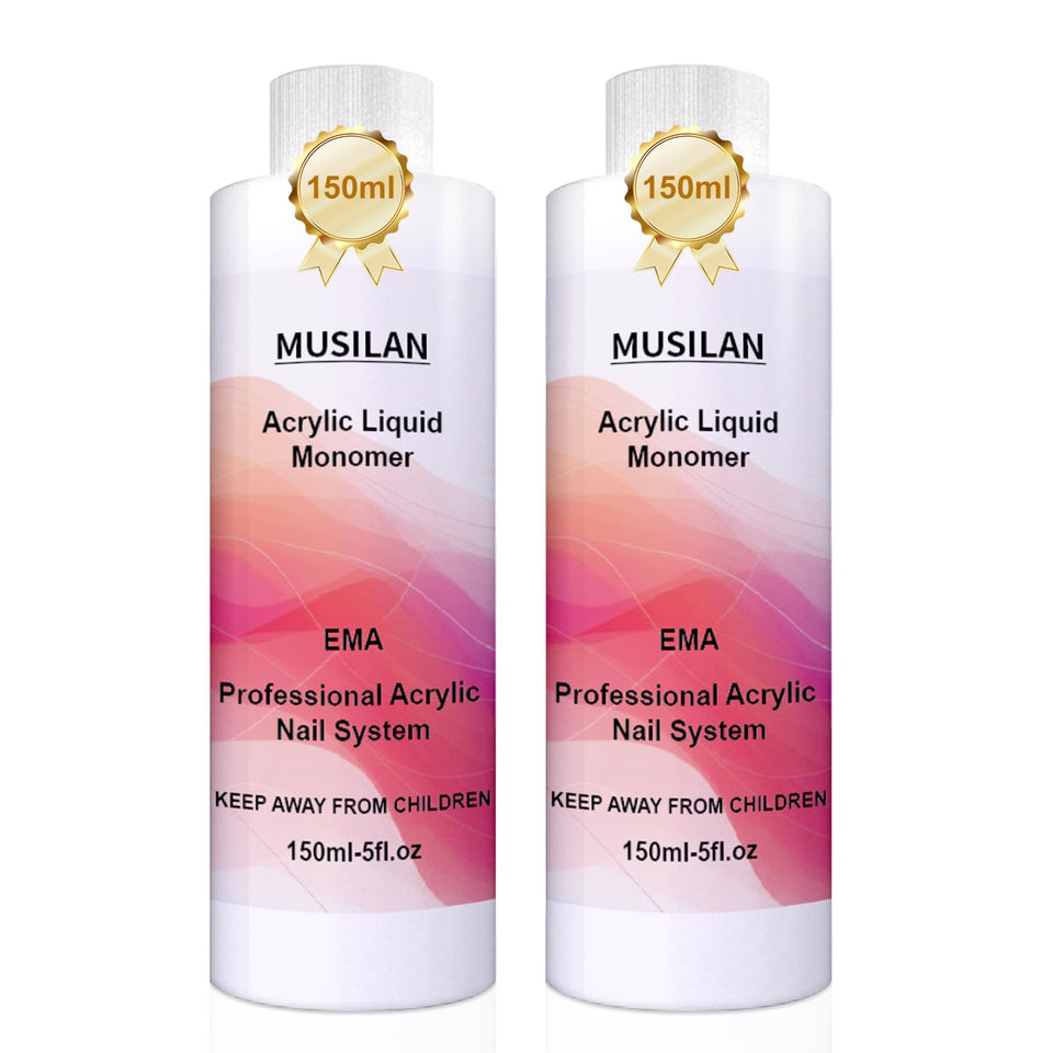 MUSILAN acrylic liquid bottle close-up showing clarity and flow for nails