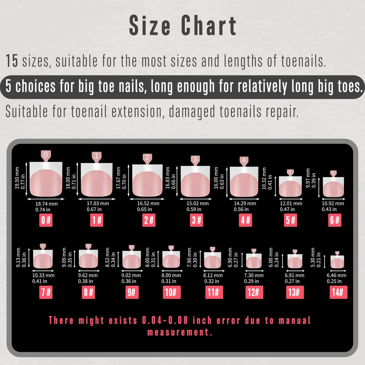 MUTIOVO 15-size toe tip range fits most toes for versatile extensions.
