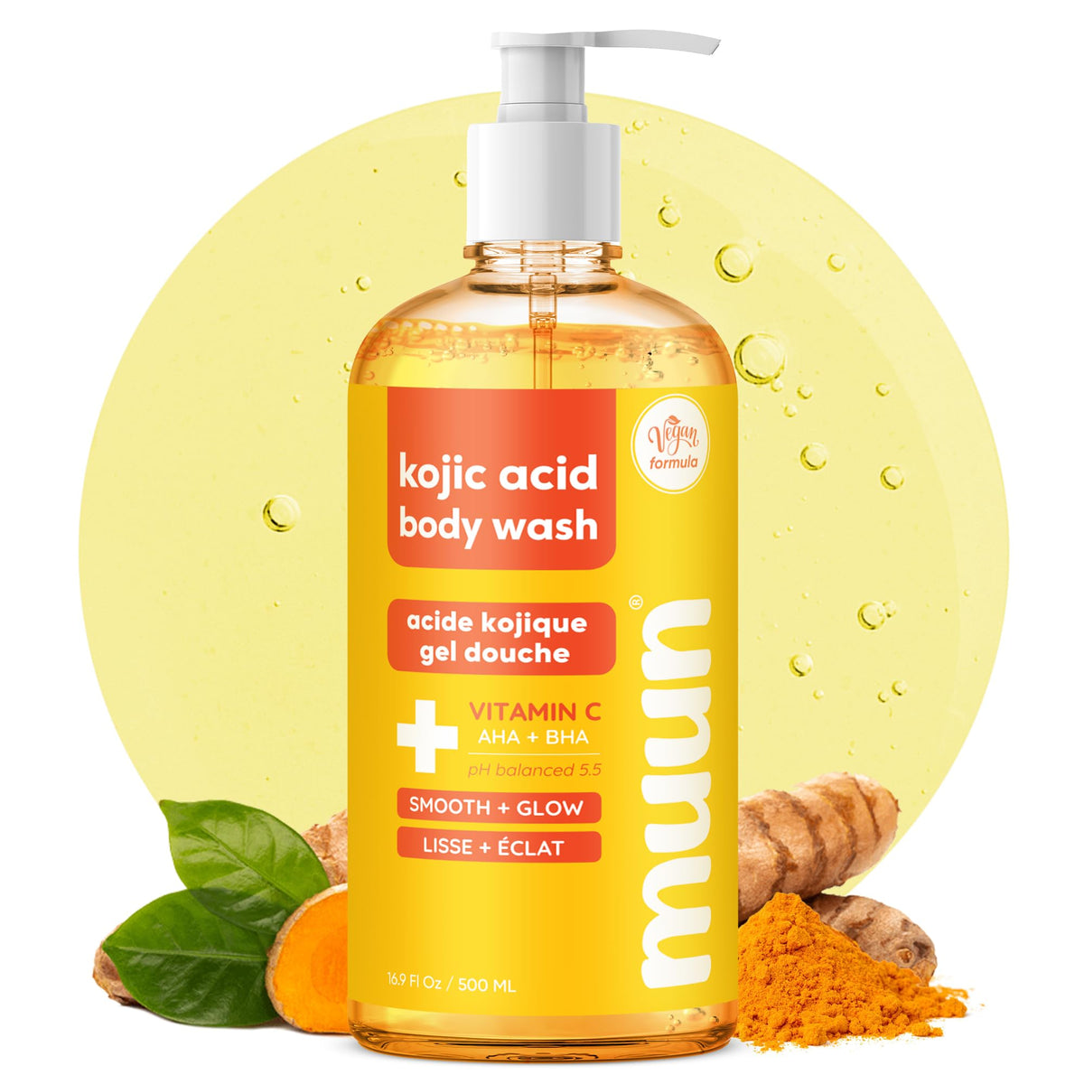 Muun exfoliating body wash bottle pouring for a refreshing cleanse