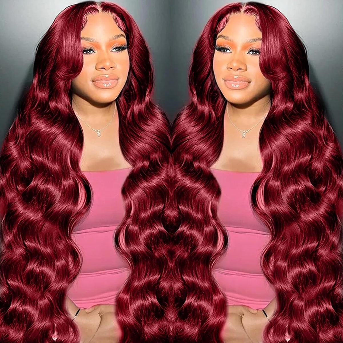 MUZOJET 99J burgundy lace front wig close-up with 13x6 parting and body wave texture for natural look