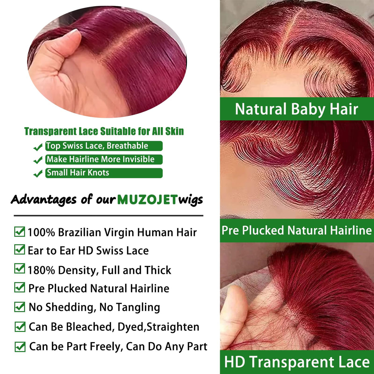 MUZOJET pre-plucked lace front wig 99J burgundy for effortless styling