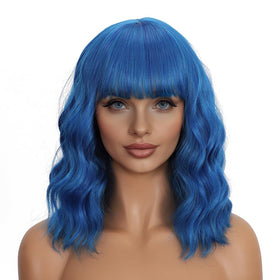 Mxayhnajxl blue wig with bangs, 14-inch length for daily wear and cosplay.