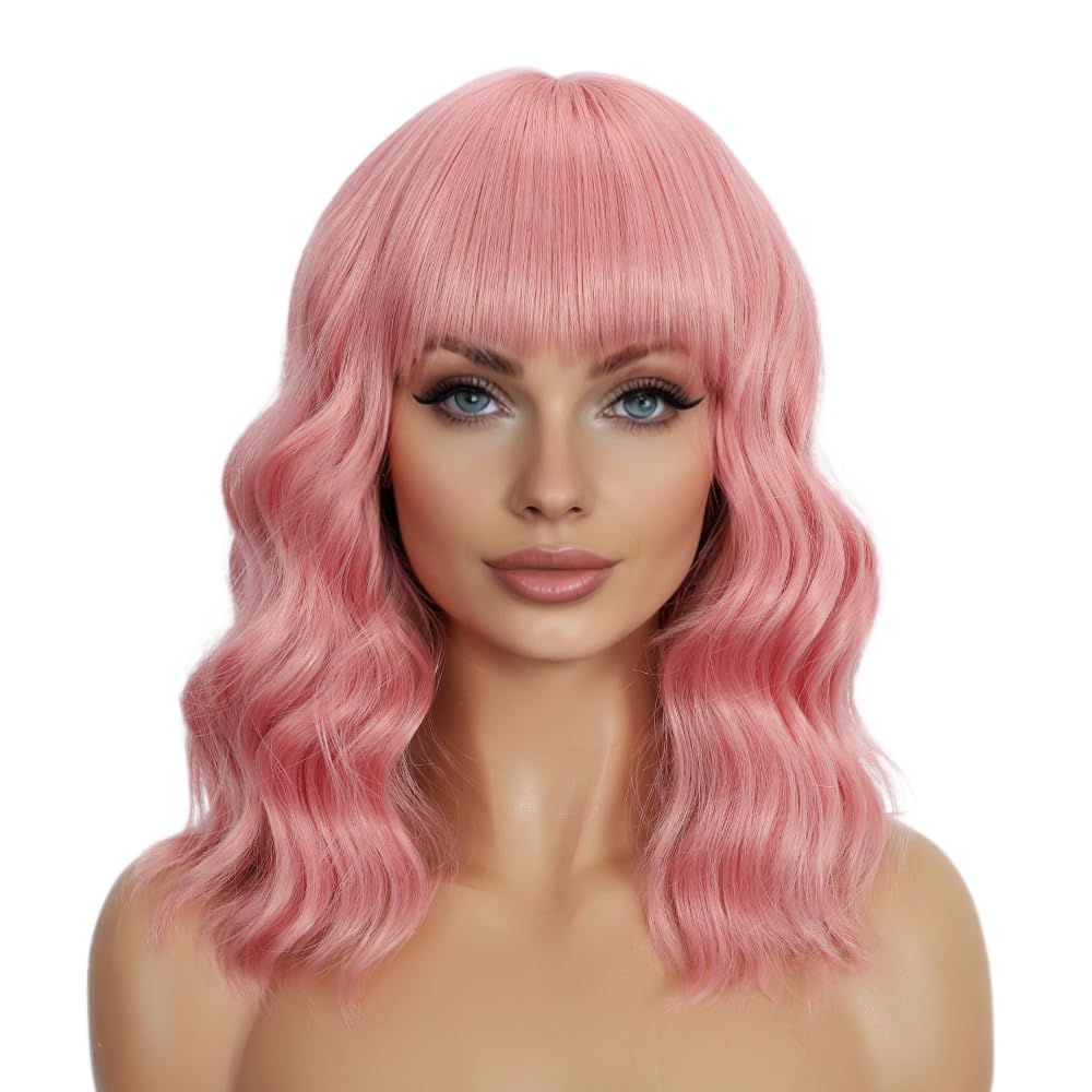Mxayhnajxl pink wig with bangs, 14-inch length, cosplay-ready.