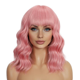 Mxayhnajxl pink wig with bangs, 14-inch length, cosplay-ready.