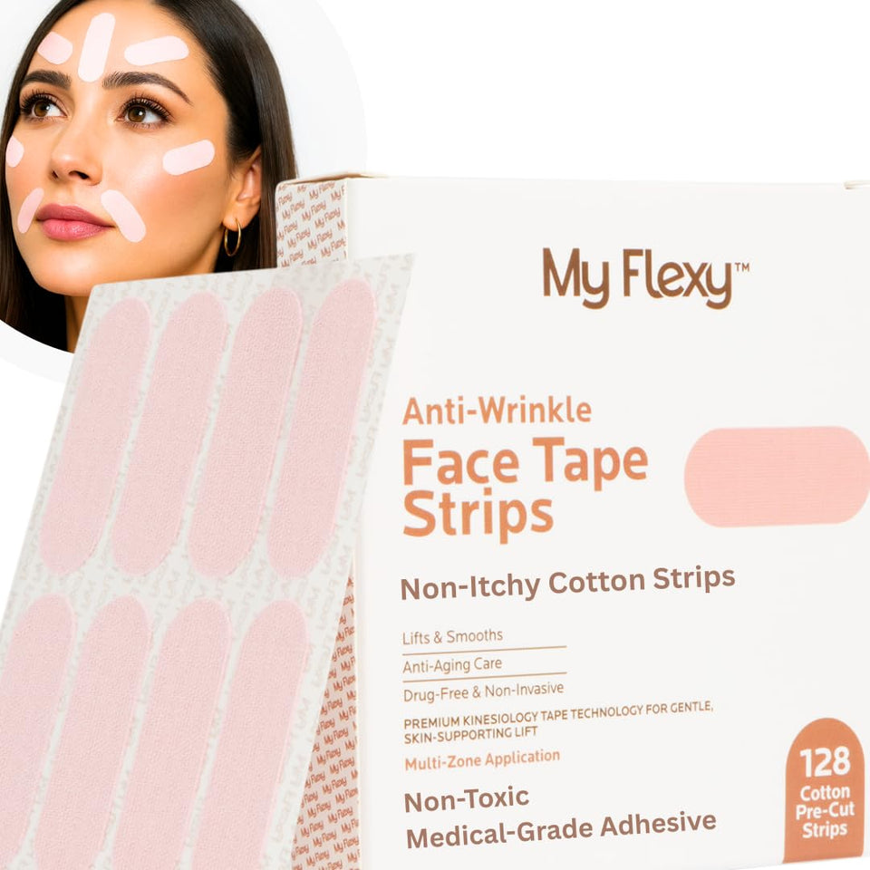 My Flexy Face Tape Strips on the forehead area for gentle overnight smoothing.