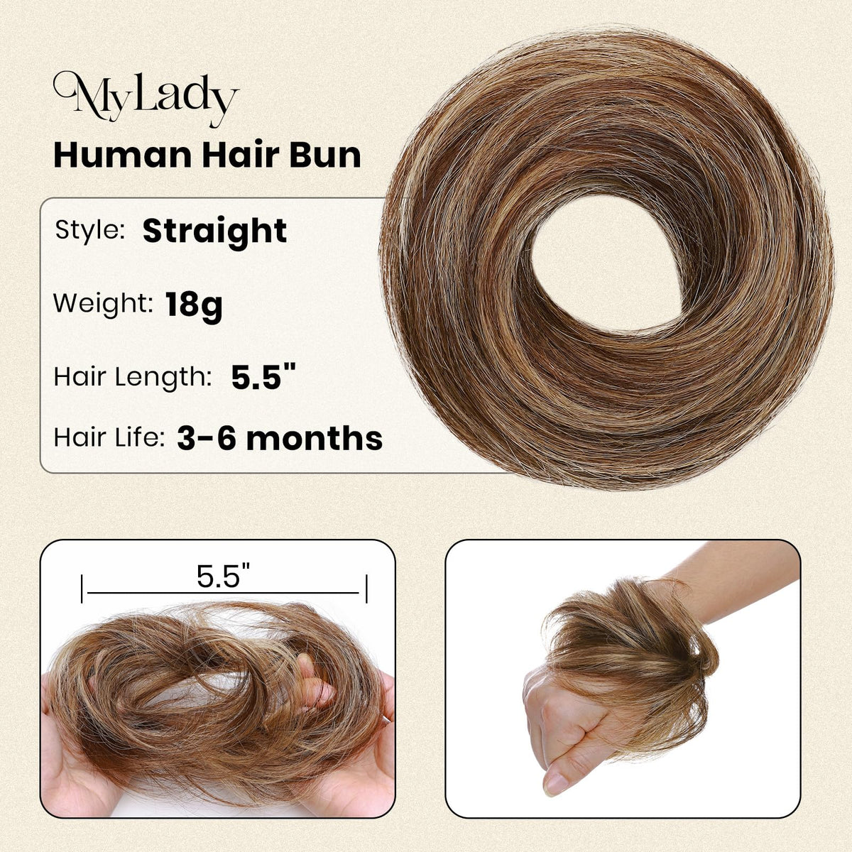 MY-LADY messy bun hair piece bun assembly displays natural bun fullness and balanced volume.