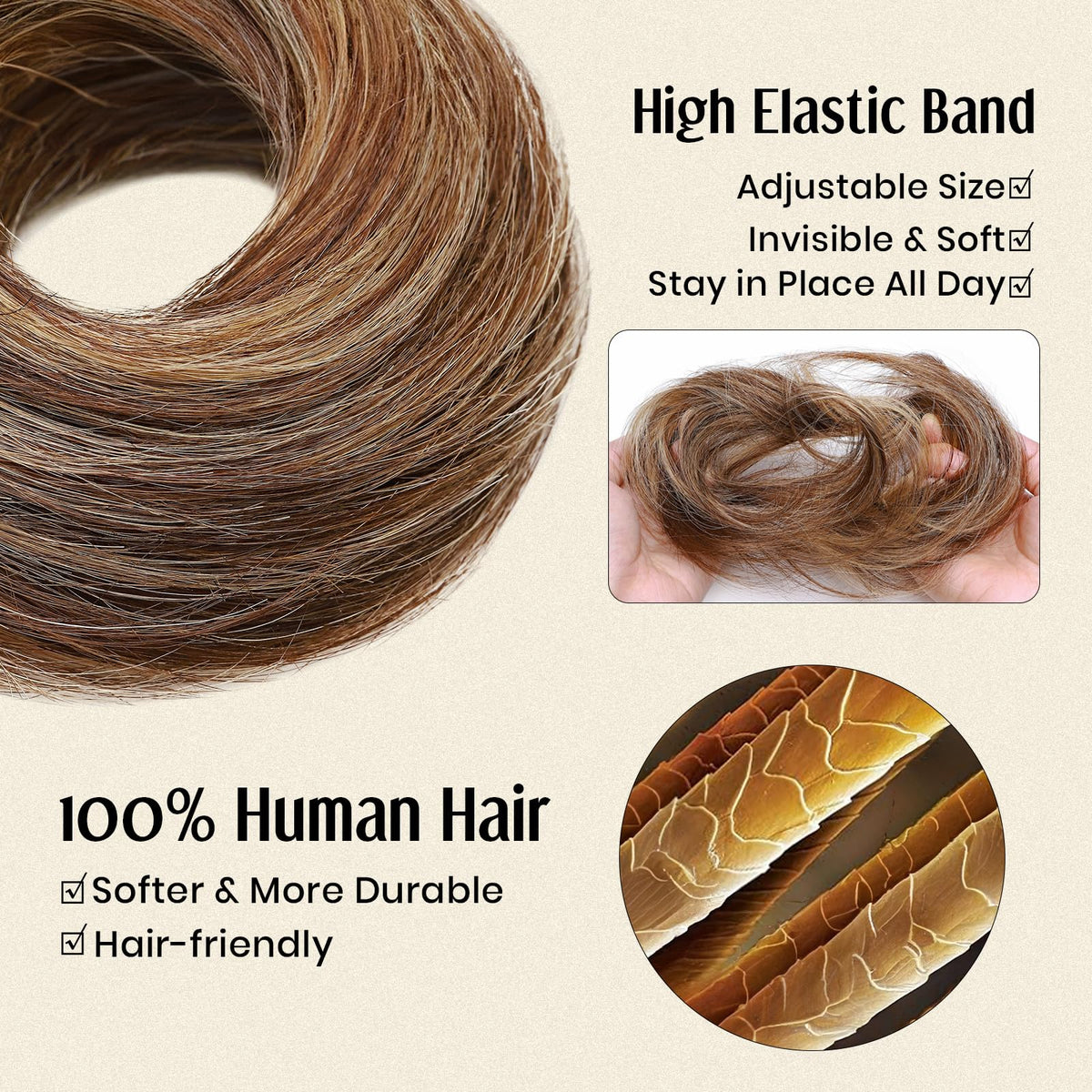 MY-LADY messy bun hair piece on model demonstrates secure fit and versatile wrap options.