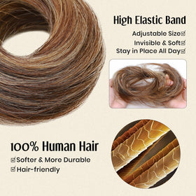 MY-LADY messy bun hair piece on model demonstrates secure fit and versatile wrap options.