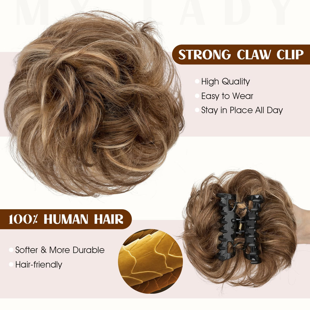 MY-LADY messy bun hair piece in real human hair texture for natural-looking volume.
