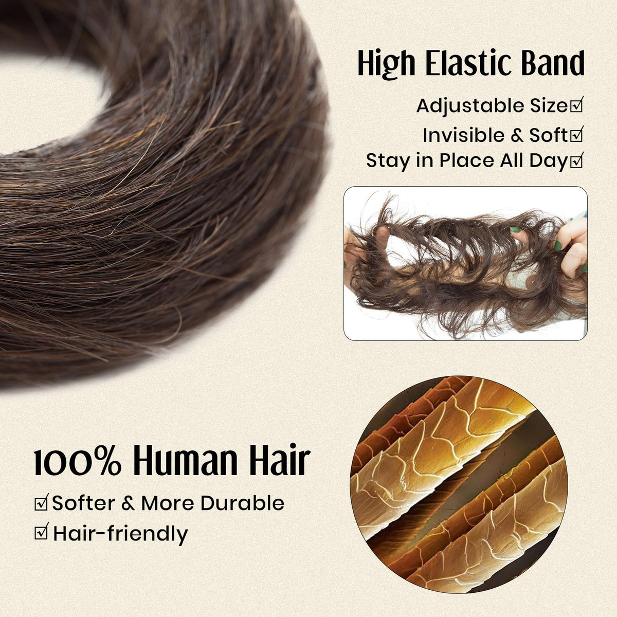 MY-LADY real hairpiece wrapped around ponytail for quick, secure volume.