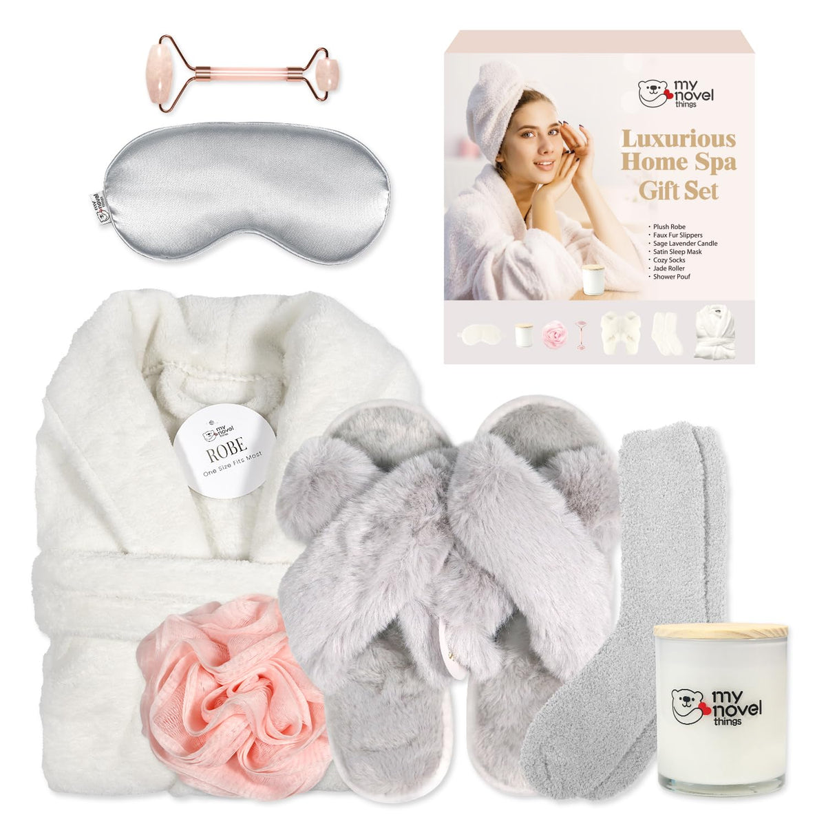 My Novel Things bathrobe set shown together, cozy luxury lounge wear for home use.