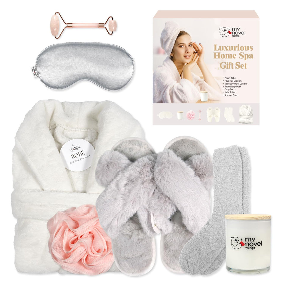 My Novel Things bathrobe set shown together, cozy luxury lounge wear for home use.