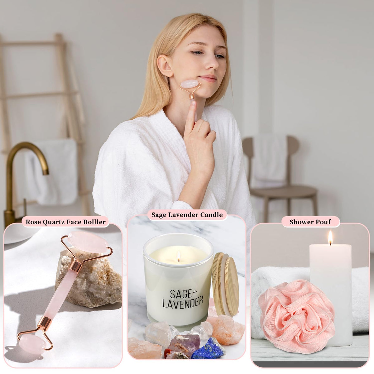 My Novel Things rose quartz face roller red, cooling massage to brighten skin.