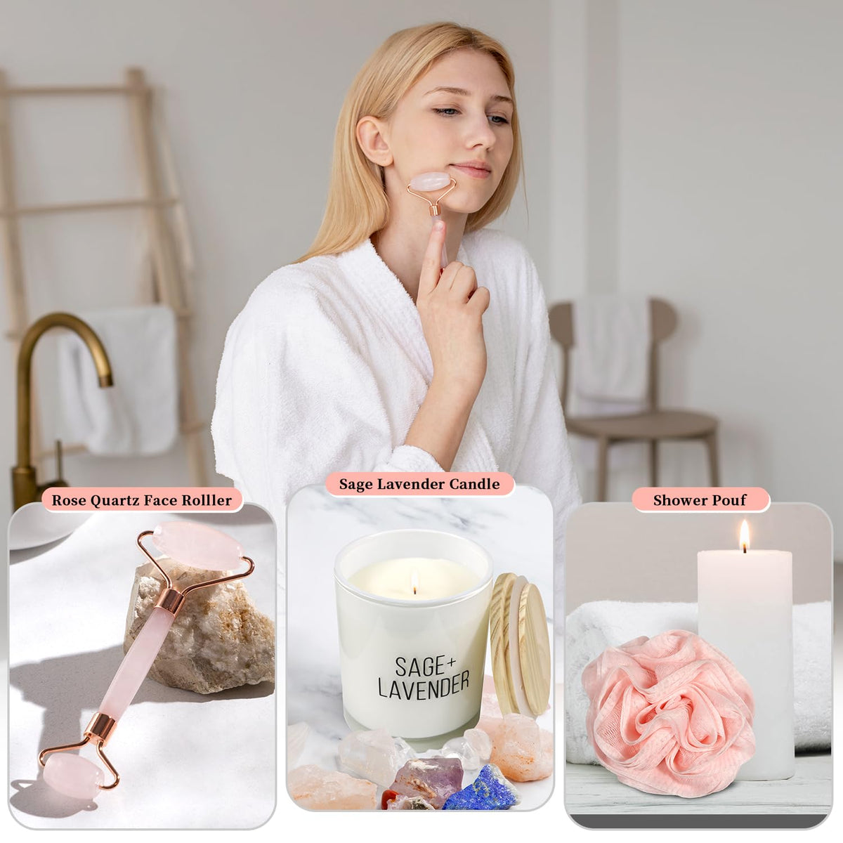My Novel Things rose quartz face roller, soothing facial massage tool.
