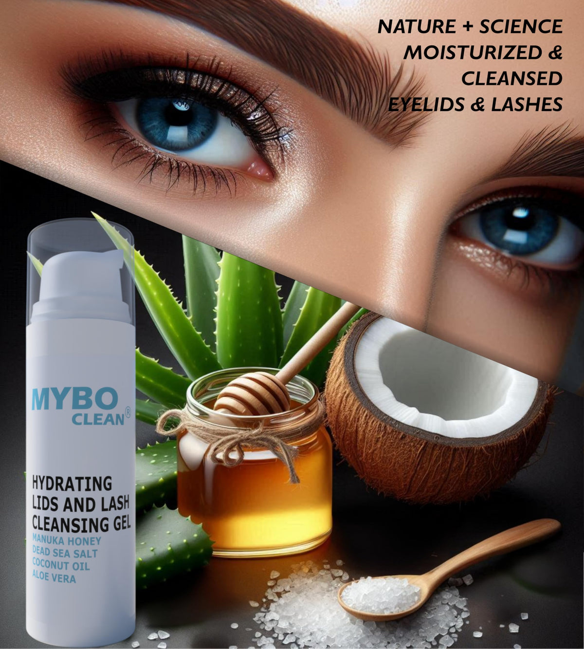 Myboclean aloe vera organic gel emphasizes hydration and gentle eyelid care.
