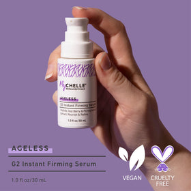 MyCHELLE G2 Instant Firming Serum texture closeup highlights silky, fast-absorbing serum.