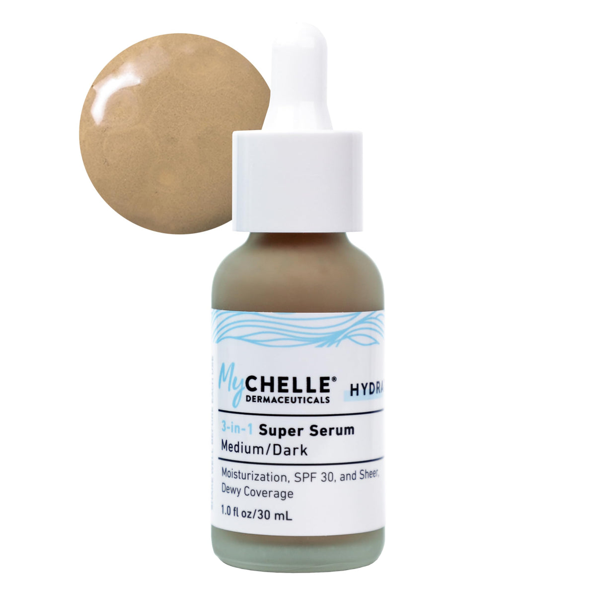 MyCHELLE Medium/Dark 3-in-1 Serum bottle shows tinted moisturizing formula for daily glow.