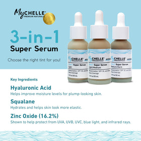 MyCHELLE Medium/Dark 3-in-1 Serum closeup texture reveals dewy finish and silky feel.