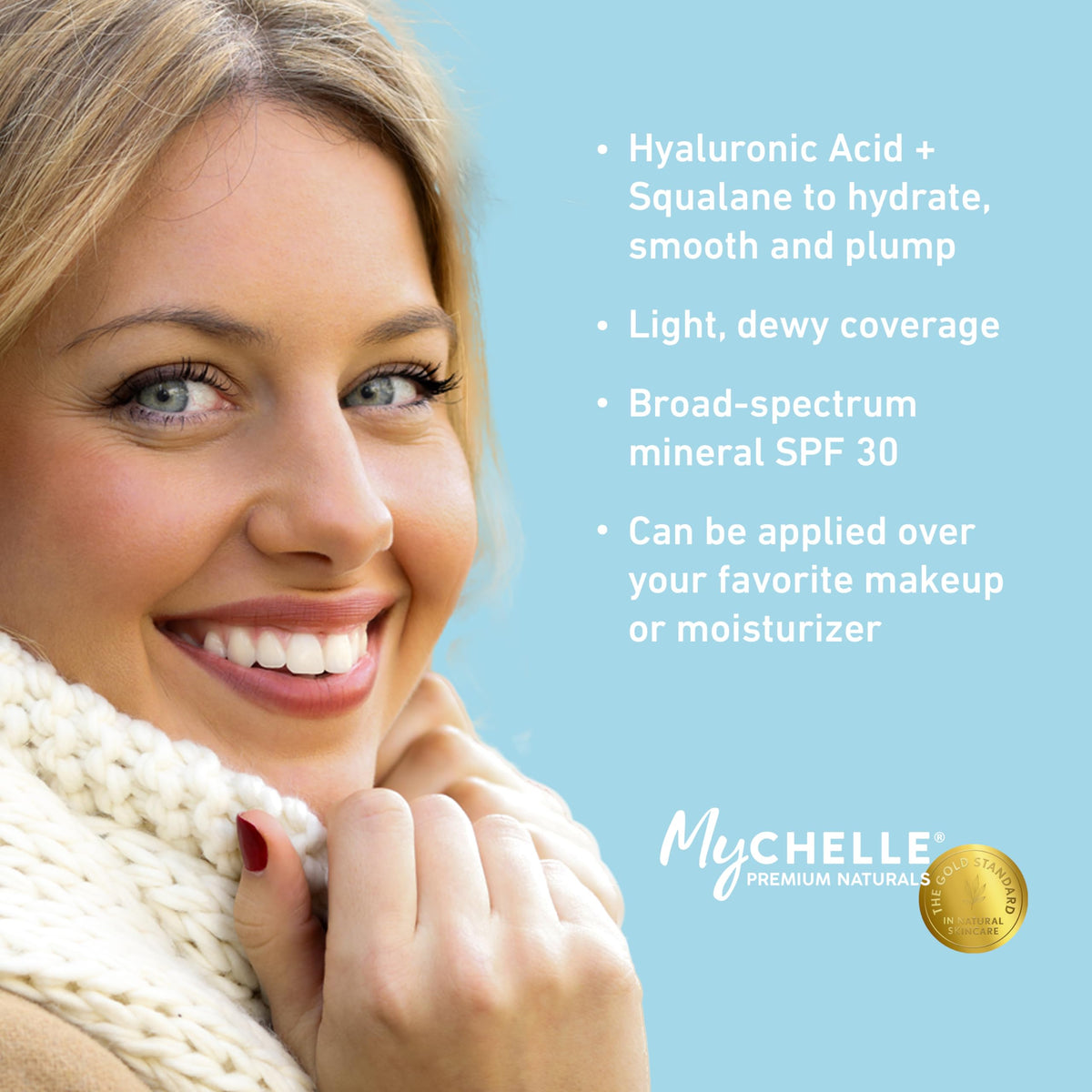 MyCHELLE Medium/Dark 3-in-1 Serum mineral SPF label highlights clean protection.