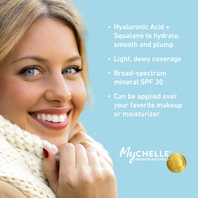 MyCHELLE Medium/Dark 3-in-1 Serum mineral SPF label highlights clean protection.
