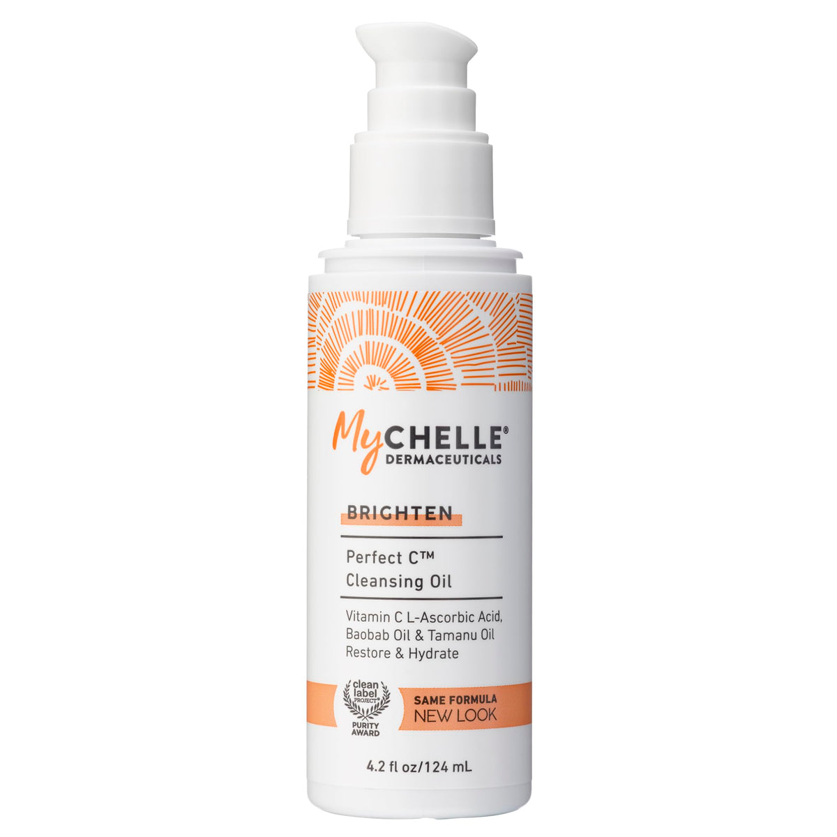 MyCHELLE Perfect C Cleansing Oil bottle pour demonstrates gentle cleansing for radiant skin.