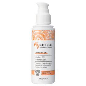MyCHELLE Perfect C Cleansing Oil bottle pour demonstrates gentle cleansing for radiant skin.