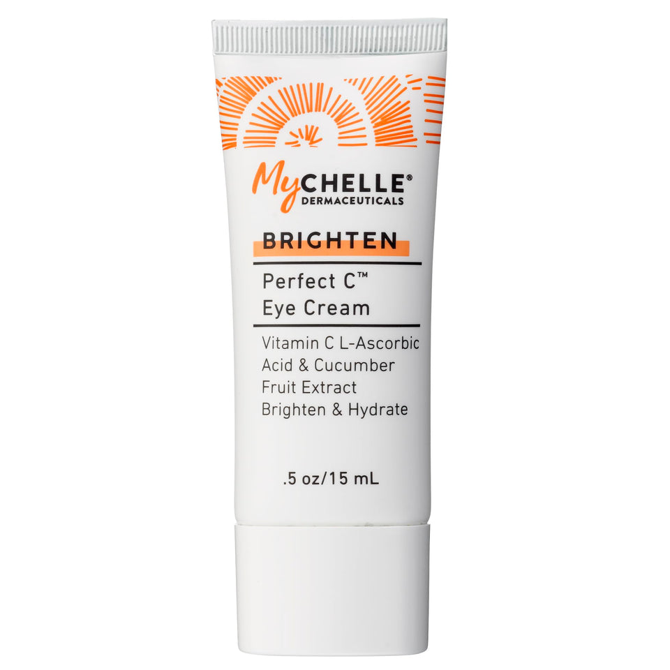 MyCHELLE Perfect C Eye Cream jar close-up highlighting brightening under-eye benefits