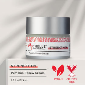 MyChelle Pumpkin Renew Cream jar highlighting rich formula for neck and face moisture.