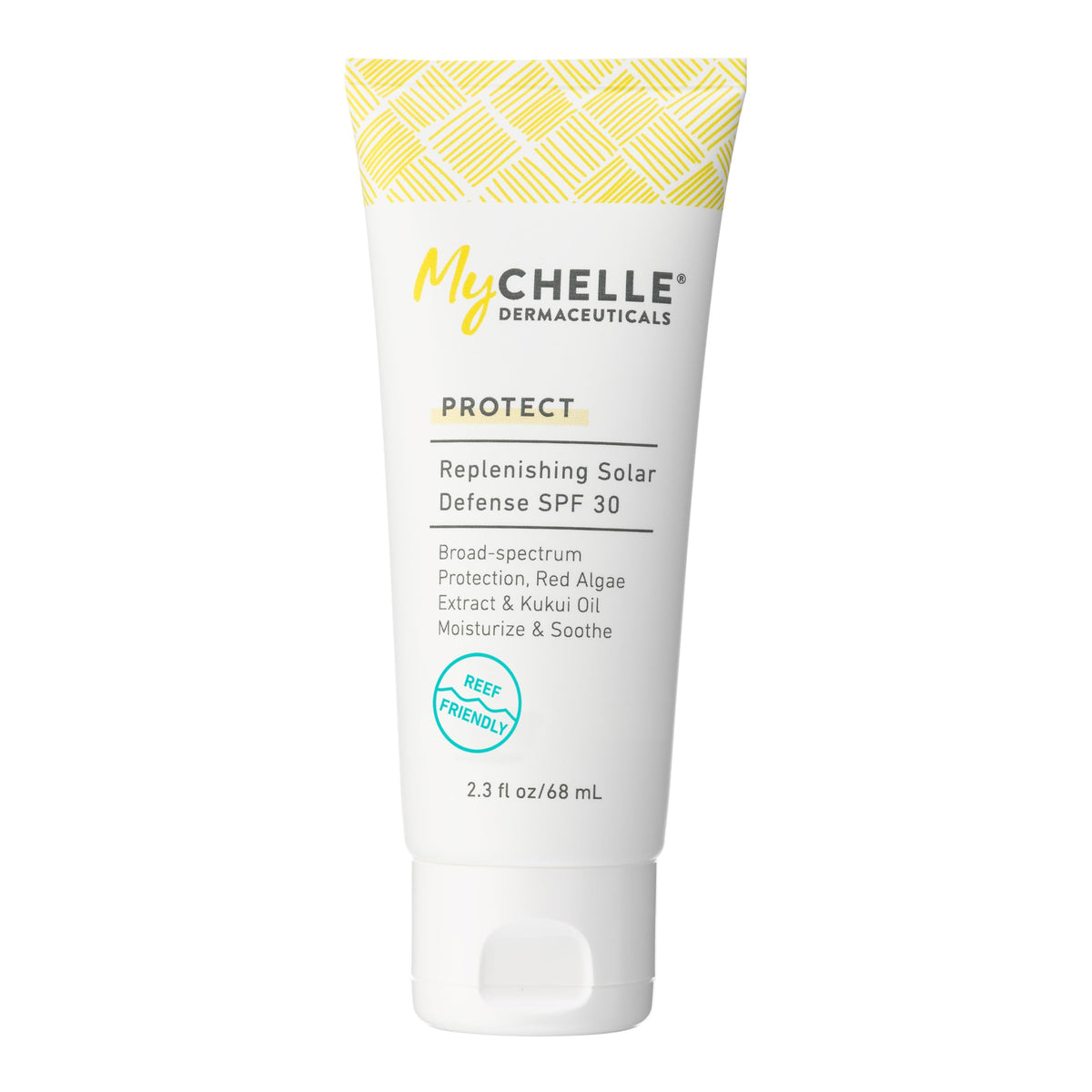 MyCHELLE Solar Defense SPF 30 tube close-up showing reef-safe mineral sunscreen and moisture.