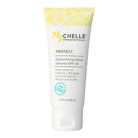MyCHELLE Solar Defense SPF 30 tube close-up showing reef-safe mineral sunscreen and moisture.
