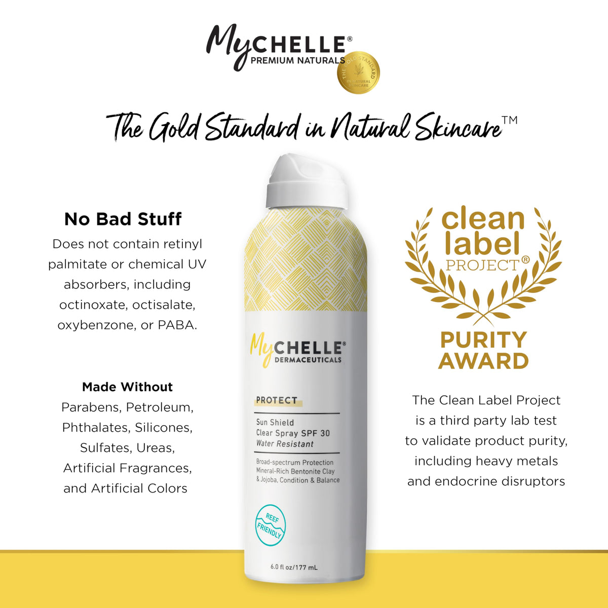 MyChelle Sun Shield Clear Spray with bentonite clay absorbs oil for balanced skin.